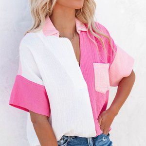 Pink & White Color Block Polo Shirt
